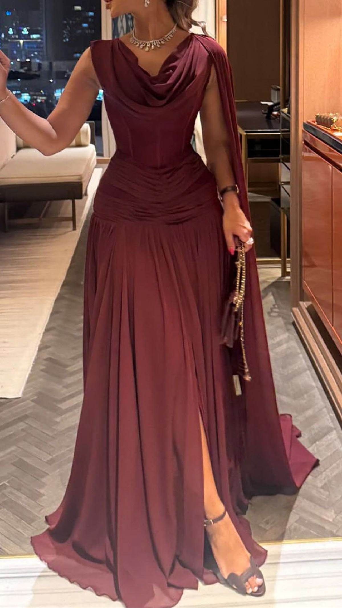 Scoop-Neck Off-Shoulder Sleeveless Pleated Chiffon Floor-Length A-Line Prom Dress N2354