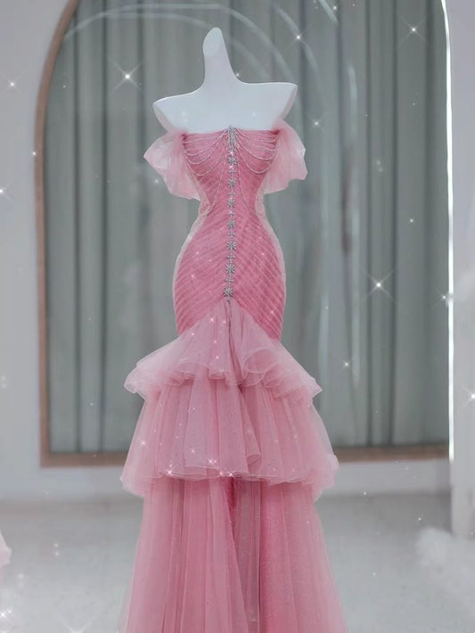 Elegantes Meerjungfrau-Kleid, schulterfrei, Pink mit kurzen Ärmeln, formelles Kleid, Ballkleider zum 18. Geburtstag N2789