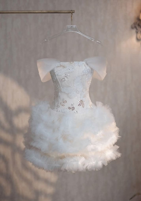 Beautiful Ball Gown Strapless White Tulle Short Birthday Outfits Homecoming Dress Party Dresses RB6427