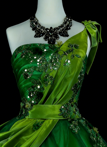 Robe de bal vintage asymétrique en tulle vert à volants, robe de quinceañera longue, taille 15, modèle N1463