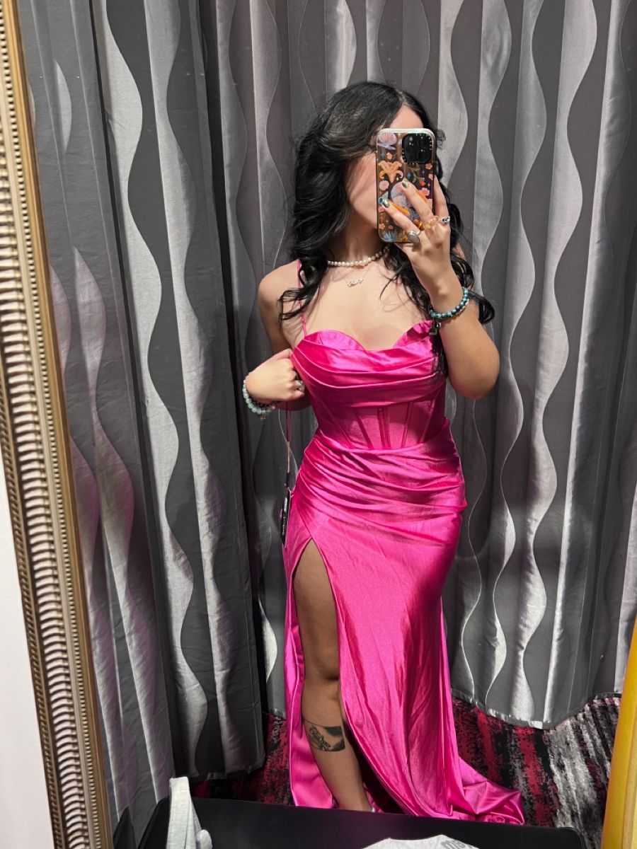 Elegantes Meerjungfrauen-Abendkleid für Damen, Spaghettiträger, pinkfarbener Satin mit Beinschlitz, formelles Kleid für den 18. Geburtstag, AB777