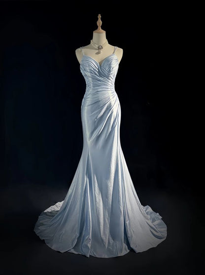 Robe de bal bleue élégante à fines bretelles spaghetti, décolleté cœur plissé, dos nu sexy, coupe sirène, robe de soirée de gala AB987