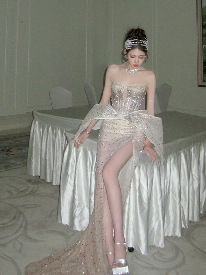 Robe de bal sirène scintillante à décolleté cœur et fente couleur champagne, tenue de soirée longue et esthétique pour la remise des diplômes N079