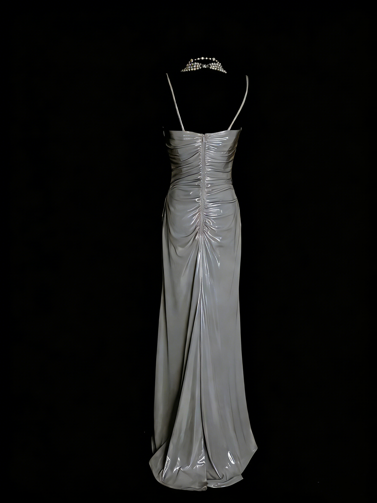 Einfaches, graues A-Linien-Abendkleid im 80er-Jahre-Stil mit Spaghettiträgern, langes formelles Kleid für die High School, Modell N1334