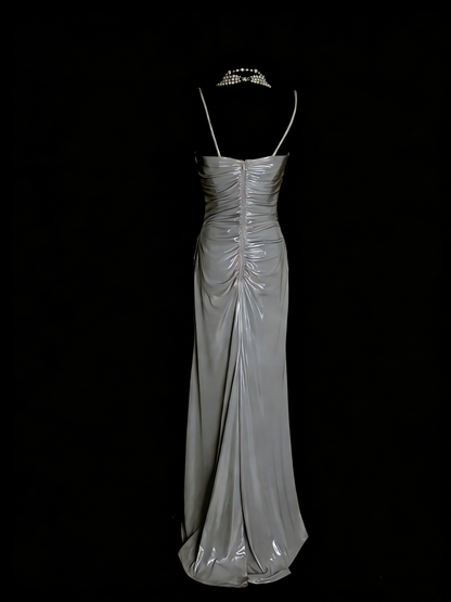 Einfaches, graues A-Linien-Abendkleid im 80er-Jahre-Stil mit Spaghettiträgern, langes formelles Kleid für die High School, Modell N1334