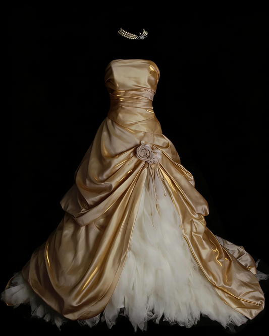 Vintage Ballkleid, trägerlos, goldfarben, Sweet 16, Quinceañera-Kleid mit 3D-Blumen, lang, Vestidos De Fiesta N1316