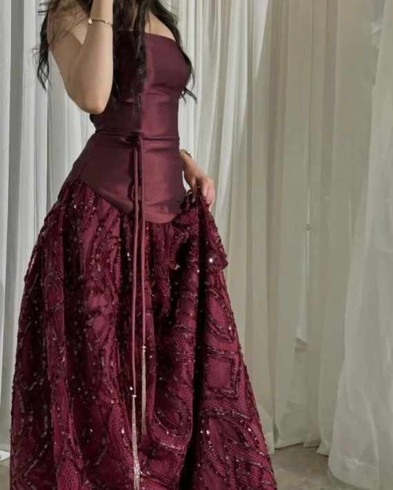 Classy A Line Strapless Sleeveless Burgundy Sequin Satin Long Prom Dresses Inspiration Prom Gown DH2936