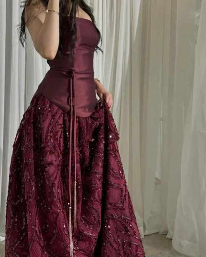 Classy A Line Strapless Sleeveless Burgundy Sequin Satin Long Prom Dresses Inspiration Prom Gown DH2936