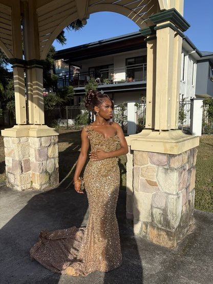Modest Prom Dresses Mermaid Sweetheart Gold Sequined For Black Gilrs Long Formal Dress RC1343