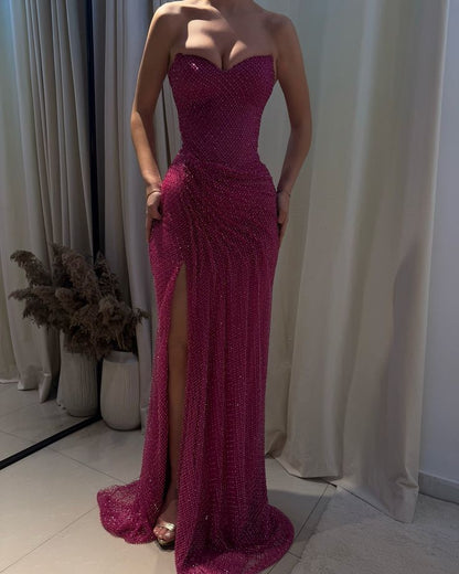Sweetheart Sleeveless Ruch Side Slit Sheath Sparkly Prom Dresses AB926