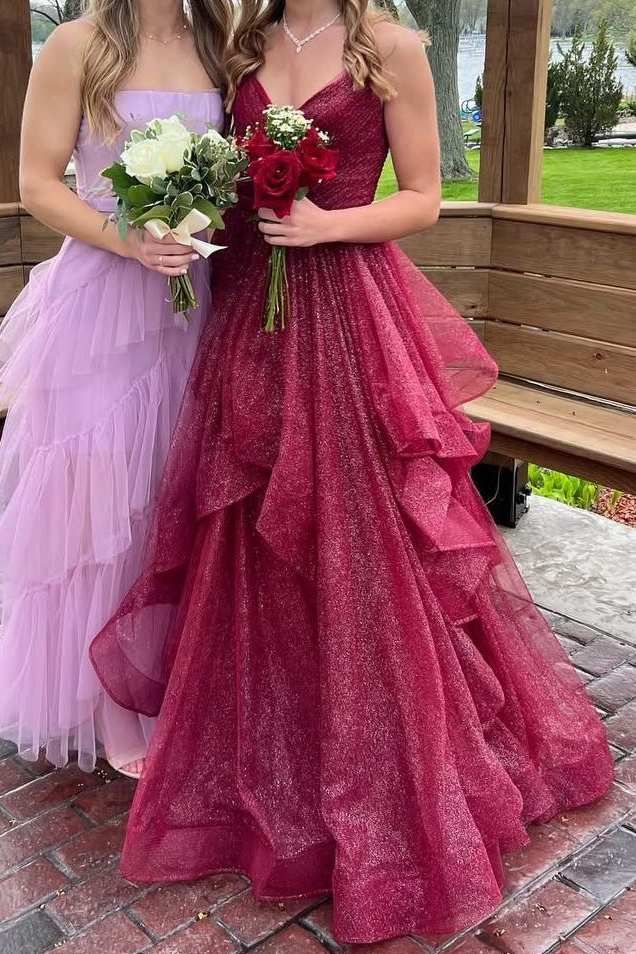 Ballkleid mit Spaghettiträgern, Rüschen, langes Abendkleid, burgunderrot, Abendkleid, Geburtstagskleid AB933