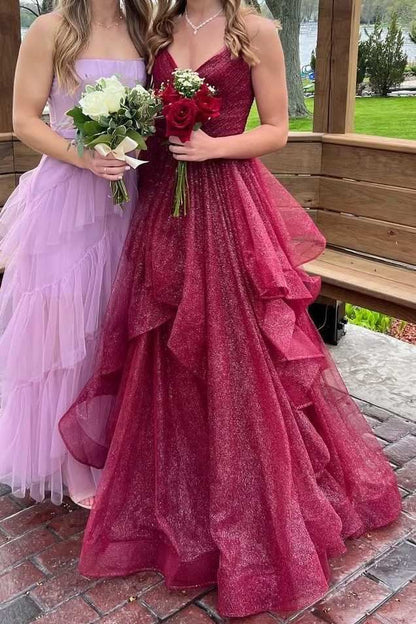 Ballkleid mit Spaghettiträgern, Rüschen, langes Abendkleid, burgunderrot, Abendkleid, Geburtstagskleid AB933