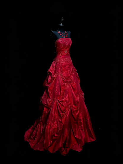 Robe de bal sobre en satin rouge à décolleté cœur et corsage orné de perles, tenue de soirée longue pour les études supérieures, robe de fin d'année N1205