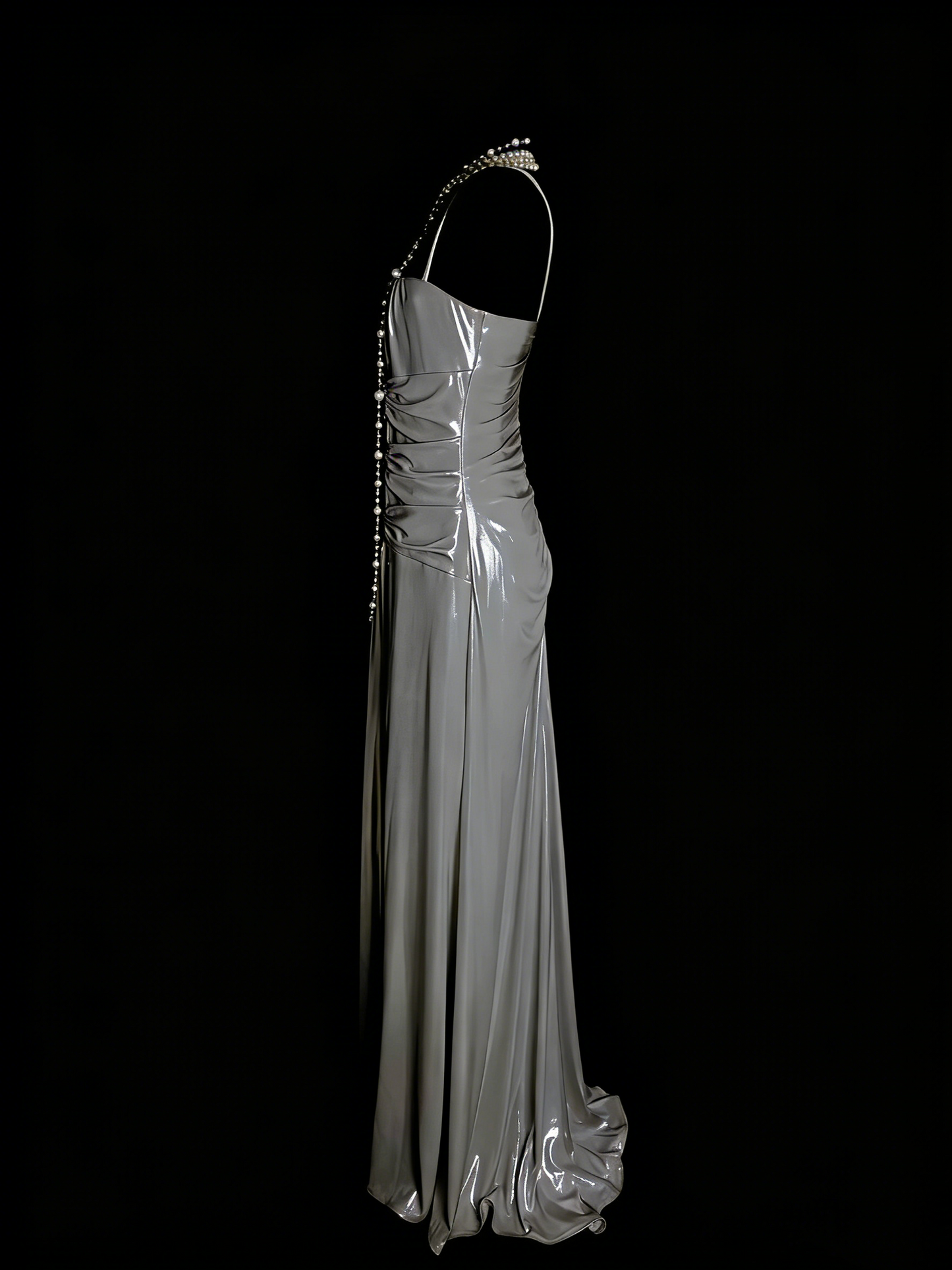 Einfaches, graues A-Linien-Abendkleid im 80er-Jahre-Stil mit Spaghettiträgern, langes formelles Kleid für die High School, Modell N1334