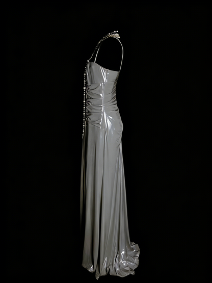 Einfaches, graues A-Linien-Abendkleid im 80er-Jahre-Stil mit Spaghettiträgern, langes formelles Kleid für die High School, Modell N1334