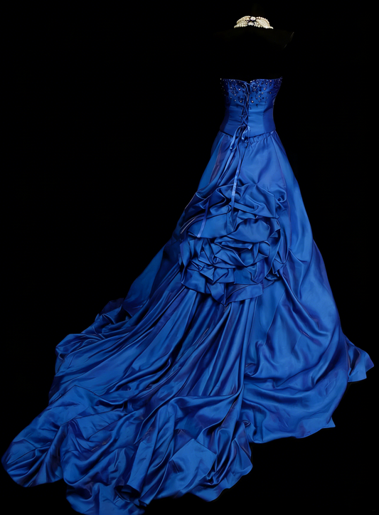 Vintage Ballkleid, trägerlos, königsblauer Satin mit Rüschen und 3D-Blumen, Sweet 16 Kleider, Quinceañera Kleid, lang, Vestidos De Fiesta N1454