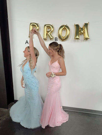 Elegante Meerjungfrauen-Abendkleider mit Spaghettiträgern aus Spitze und Tüll – Inspiration für Teenager, festliche Outfits, Partykleider, Ballkleider AB313