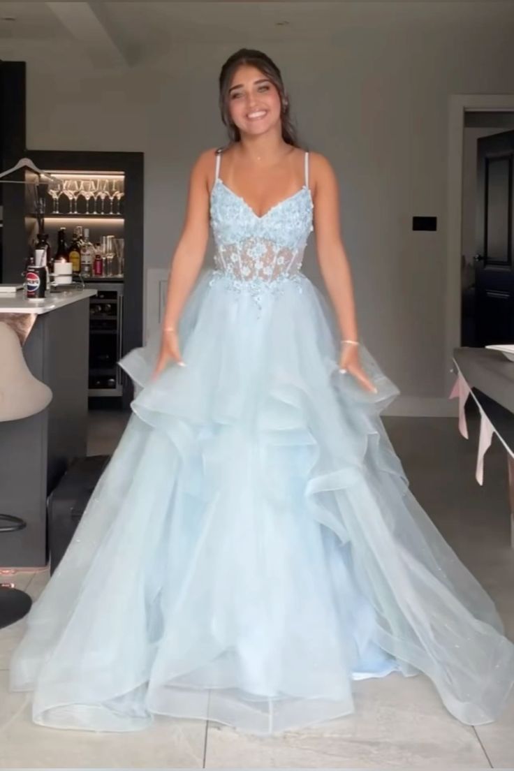 Einzigartiges Ballkleid mit Spaghettiträgern, hellblaue Spitze, formelles langes Stufenkleid für Abendveranstaltungen, Vestidos De Dia AB568