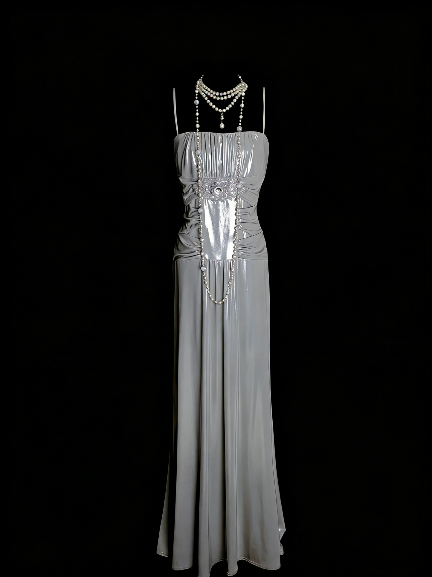 Einfaches, graues A-Linien-Abendkleid im 80er-Jahre-Stil mit Spaghettiträgern, langes formelles Kleid für die High School, Modell N1334