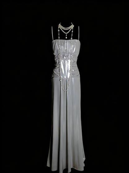 Einfaches, graues A-Linien-Abendkleid im 80er-Jahre-Stil mit Spaghettiträgern, langes formelles Kleid für die High School, Modell N1334