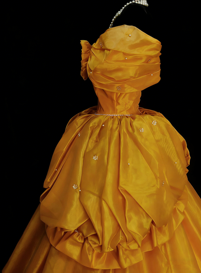 Jolie robe de bal jaune en organza, épaules dénudées, robes de demoiselle d'honneur pour Quinceanera N2143