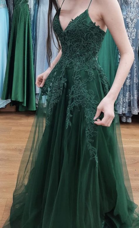 Schlichtes, langes, dunkelgrünes Tüll-Abendkleid in A-Linie mit Spaghettiträgern und Spitze, formelles Partykleid AB461