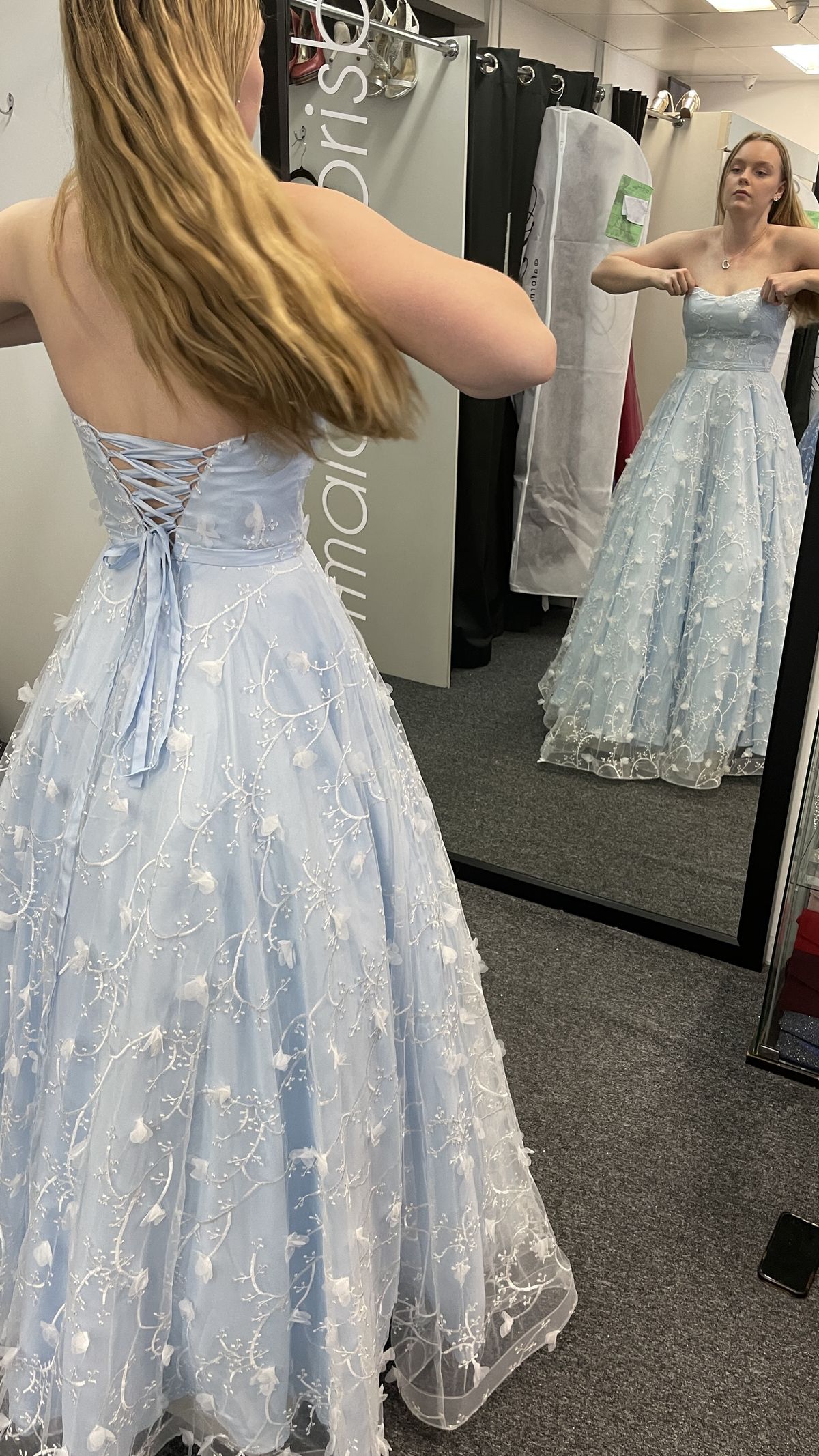 Elegantes, hellblaues Tüll-Spitzen-Abendkleid in A-Linie mit Herzausschnitt, langes Partykleid AB1101