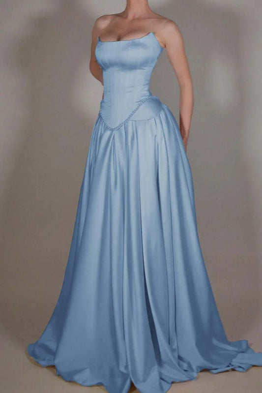 Bezauberndes, trägerloses, langes, blaues Satin-Abendkleid in A-Linie, ideal für Partys, Balls und als Hochzeitsgast (Modell N894)