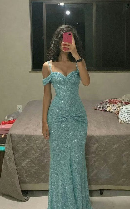 Glitzerndes Bodycon-Kleid mit blauen Trägern und Pailletten, langes Ballkleid, Meerjungfrauen-Bodycon für Damen N4114