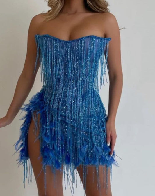 Sparkling Blue Mini Dress Homecoming Dresses 2026 Sheath Strapless Birthday Cocktail Outfits RB6291
