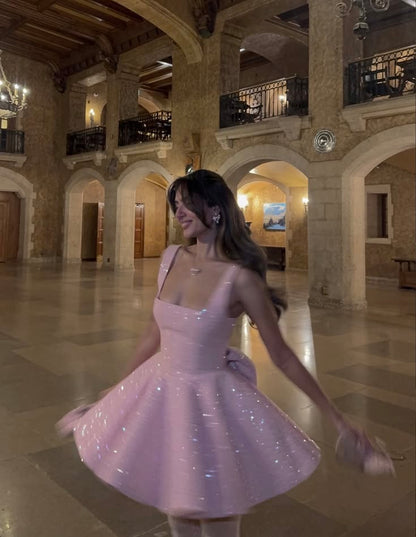 Simple Ball Gown Square Neck Sequin Pink Sleeveless Mini Senior Inspo Short Homecoming Dresses N4740