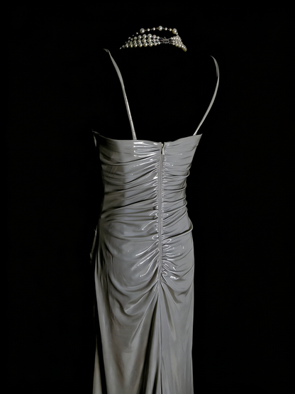Einfaches, graues A-Linien-Abendkleid im 80er-Jahre-Stil mit Spaghettiträgern, langes formelles Kleid für die High School, Modell N1334