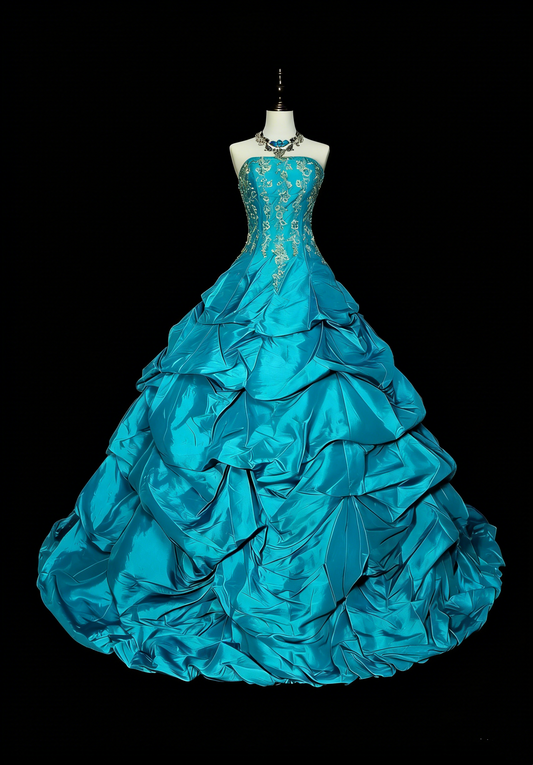 Vintage Ballkleid, trägerlos, blauer Organza mit Rüschen, Sweet 16 Kleider, Quinceañera Kleid, lang, Vestidos De Fiesta N1461