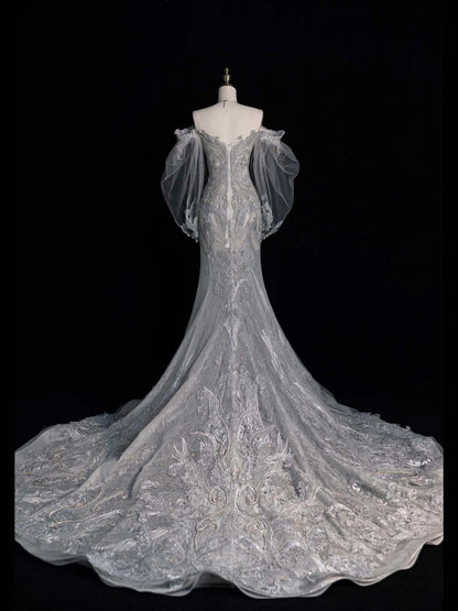Zeitloses Meerjungfrauen-Brautkleid für Damen, schulterfrei, silbergrau, lange Ärmel, mit Spitze und Perlenbesatz, AC009
