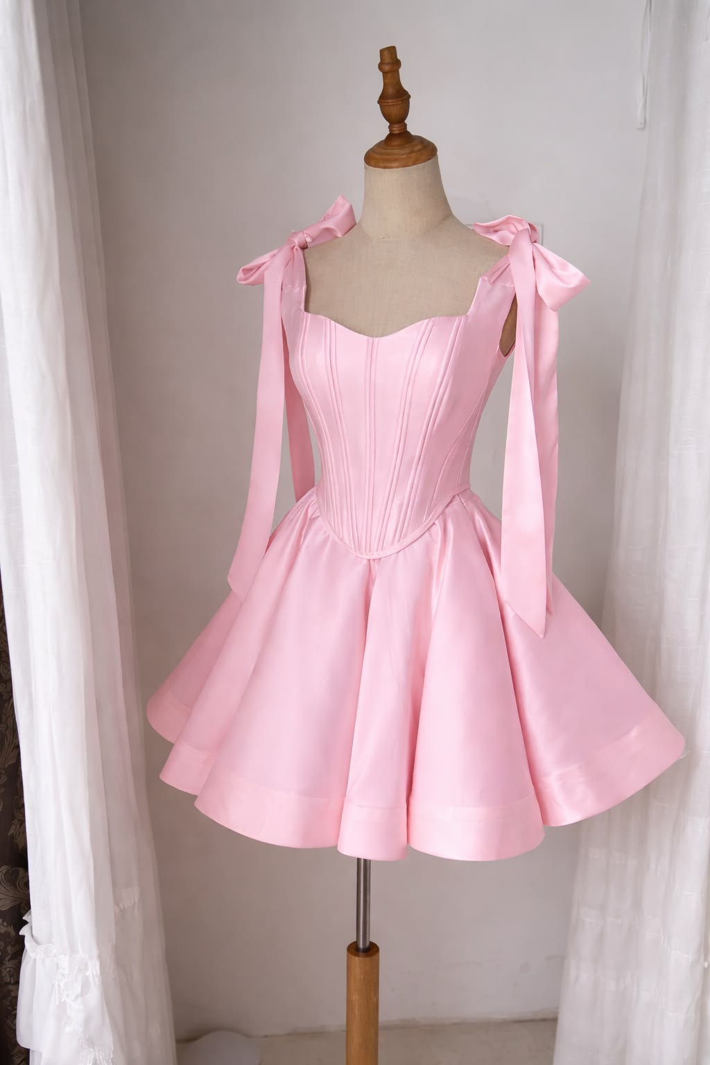 Sweet Ball Gown Straps Pink With Bow Satin 12th Grad Short Mini Aesthetic Homecoming Dresses RB4411