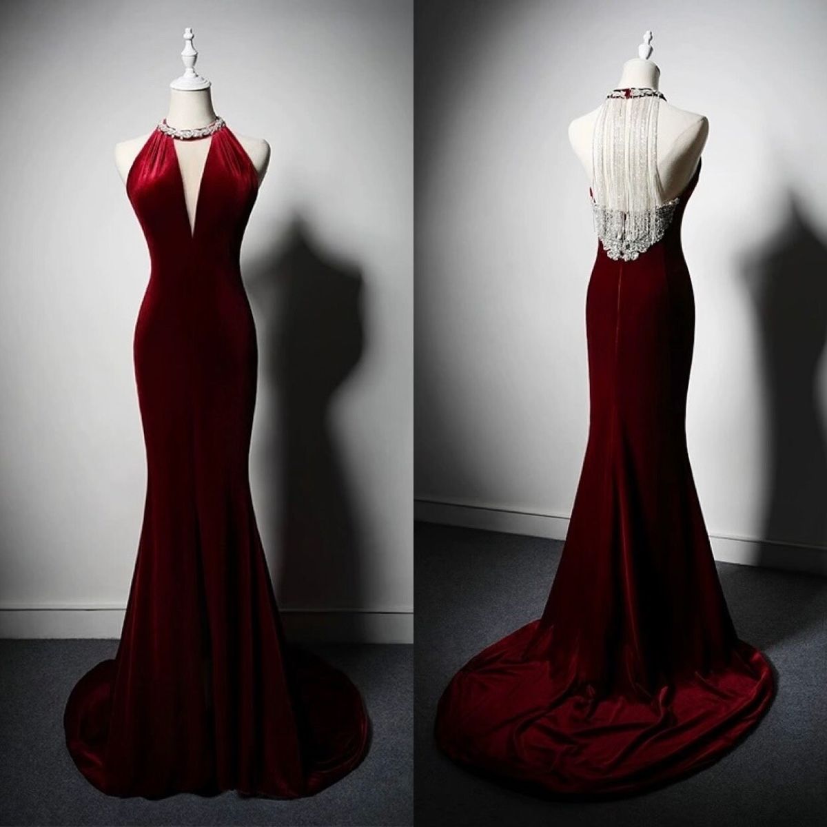 Robe de soirée sirène bordeaux en velours à col rond et pompons, coupe longue et moulante, AB773