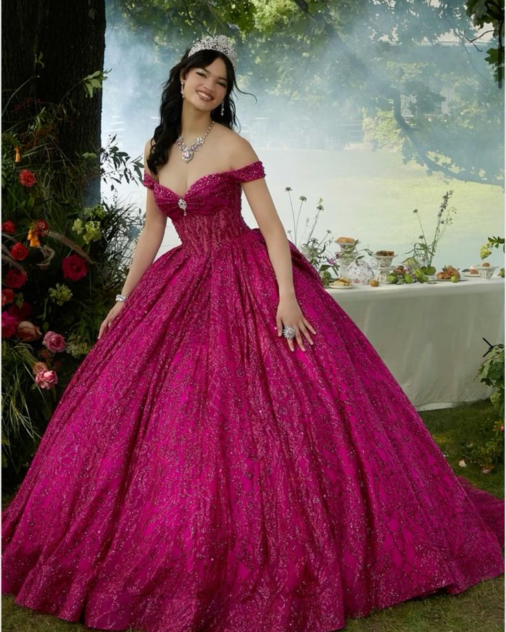 Cute Ball Gown Off The Shoulder Fuchsia Sequin Long Prom Dress Birthday Sweet 15 16 Birthday Outfits RC1342