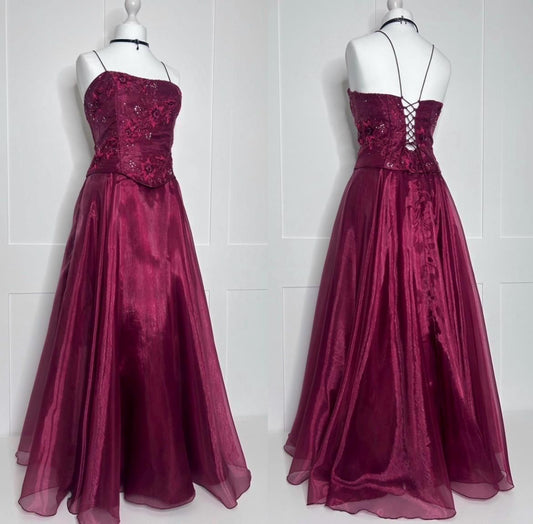 Vintage 80er Jahre Ballkleid Burgund Organza Spaghettiträger Abendkleid 18. Geburtstag Abschlussballkleider N2770