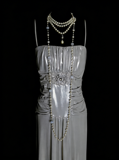 Einfaches, graues A-Linien-Abendkleid im 80er-Jahre-Stil mit Spaghettiträgern, langes formelles Kleid für die High School, Modell N1334