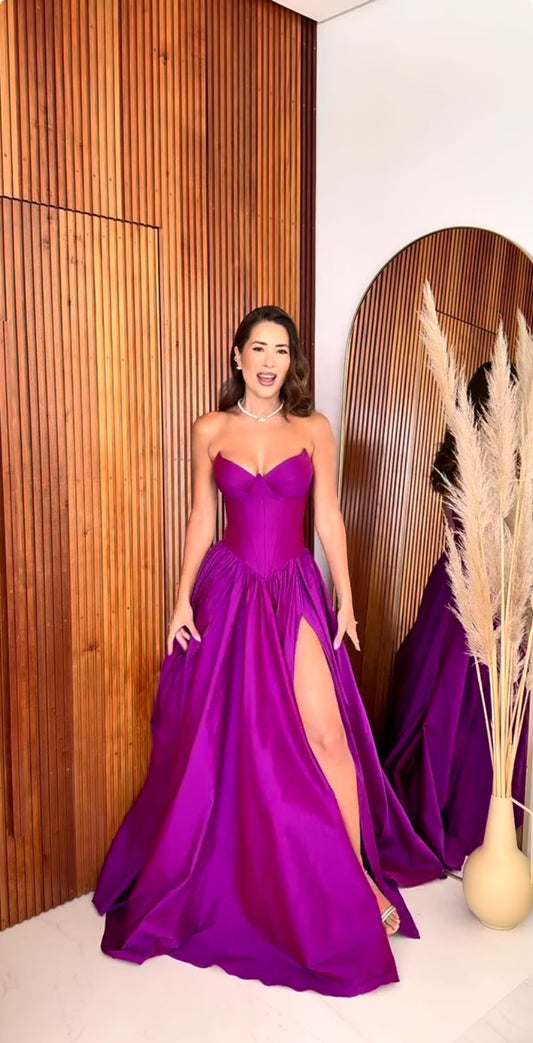 Robe de bal de fin d'année modeste pour lycéennes - Inspiration pour les lycéennes - Coupe trapèze, décolleté cœur, fente violette, robe longue semi-formelle pour adolescentes AB2145