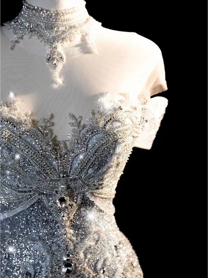 Princess Long Wedding Gowns Mermaid Off The Shoulder White Sequins For Bride With Sleeves Train Bridal Dresses AB2188