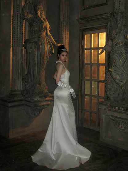 Robe de mariée blanche sirène sexy à col halter ornée de perles, robe de mariée de conte de fées N068