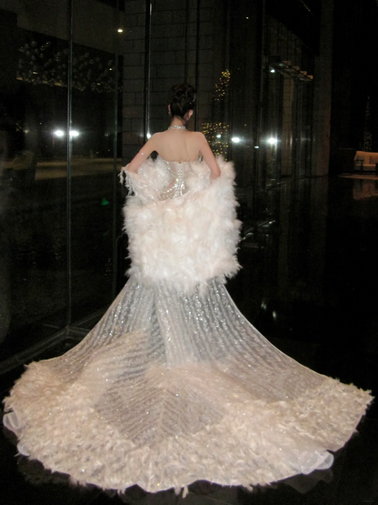 Robe de mariée sirène sexy à col montant et sequins argentés, ornée de perles, style conte de fées, référence N070