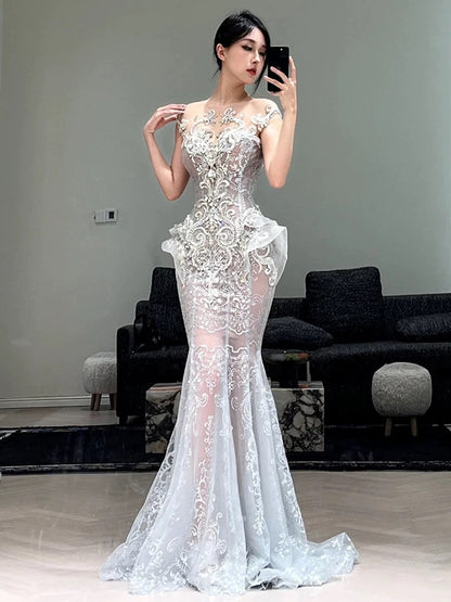 Robe de bal longue à paillettes argentées, décolleté en cœur, style sirène scintillante, tenue de soirée pour la remise des diplômes N038
