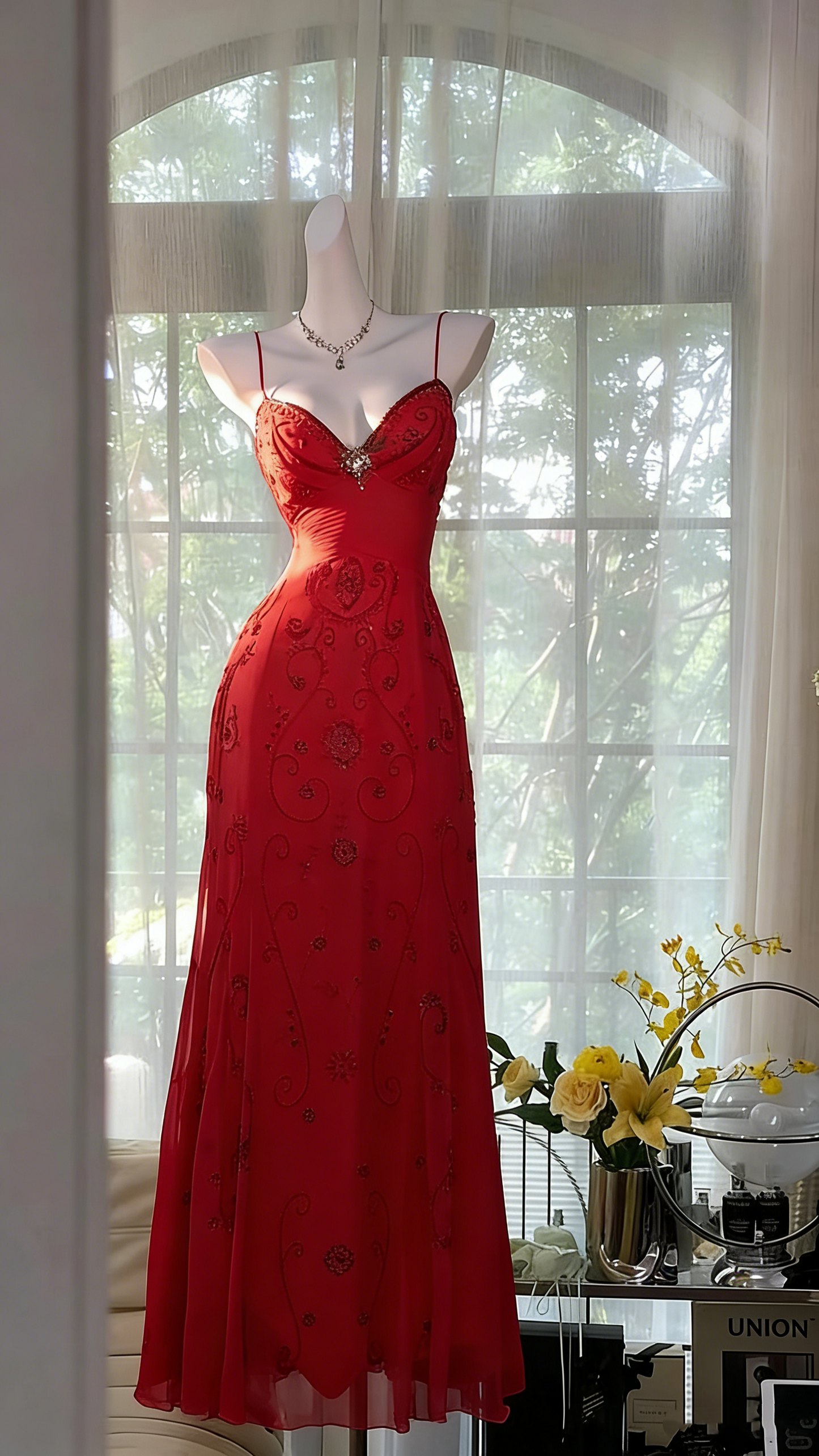 Robe de bal de fin d'année rouge en mousseline, élégante, coupe trapèze, bretelles spaghetti, robe longue de soirée pour lycéennes, N1241