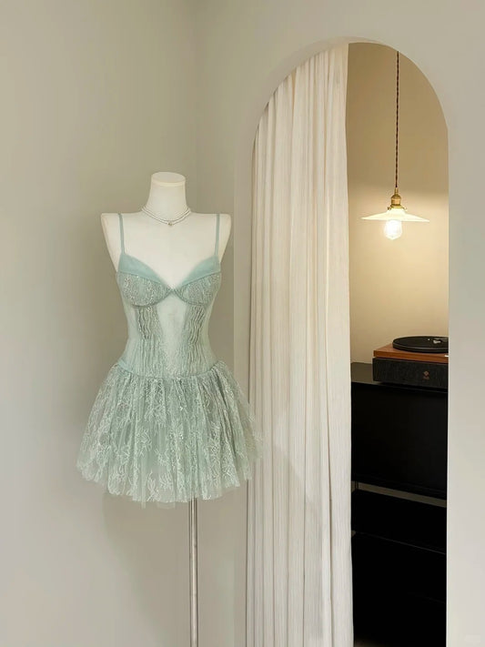 Unique A line Spaghetti Strap Sage Green Lace Short Freshman Graduation Dresses Inspo Senior Homecoming Outfits RB4879