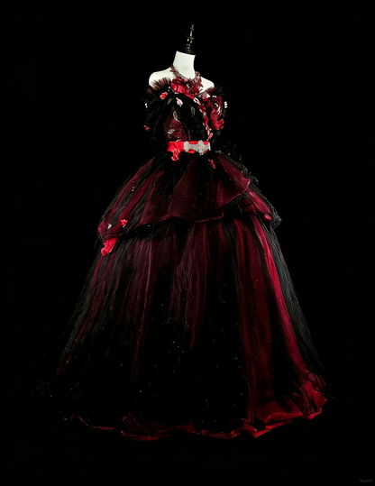 Robes de bal modestes Robe de bal bustier en tulle bordeaux avec applique longue robe de quinceañera N3066