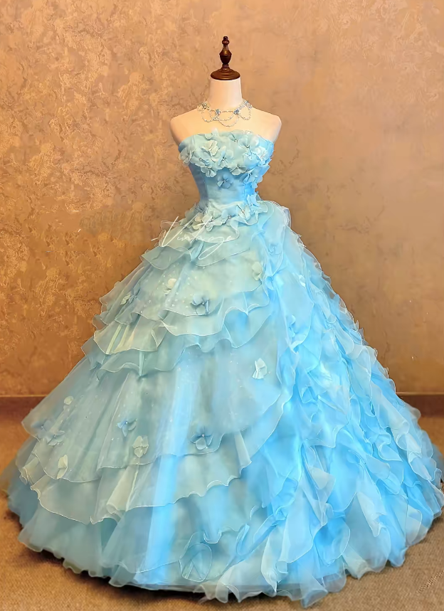 Blue 3D Floral Tiered Ruffled Tulle Ball Gown Quinceanera Dress, Sweet 15 Birthday Formal Dress RC0035