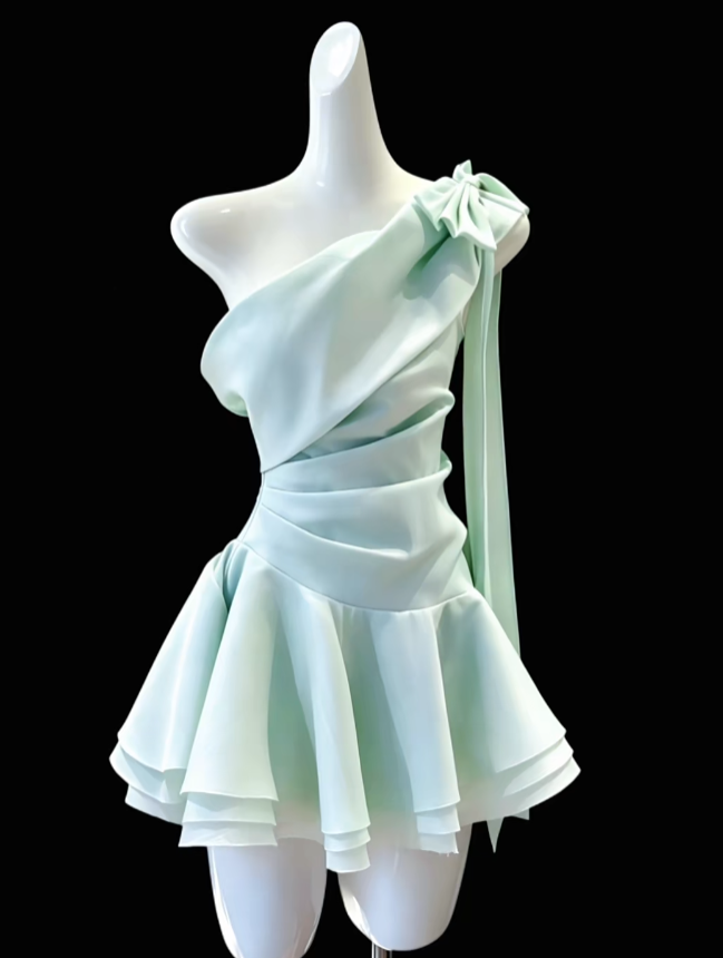 Charming A Line One Shoulder Mint Green Mini University Ideas Homecoming Dress Inspo Short 18th Birthday Dresses Senior Graduation Outfits RB7166