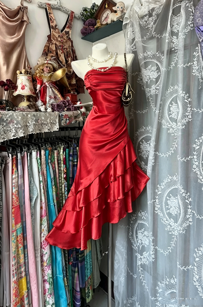 Robes de bal de fin d'année, robes de retour à la maison, tenues d'anniversaire mi-longues en satin couleur champagne sans bretelles style sirène vintage N3740